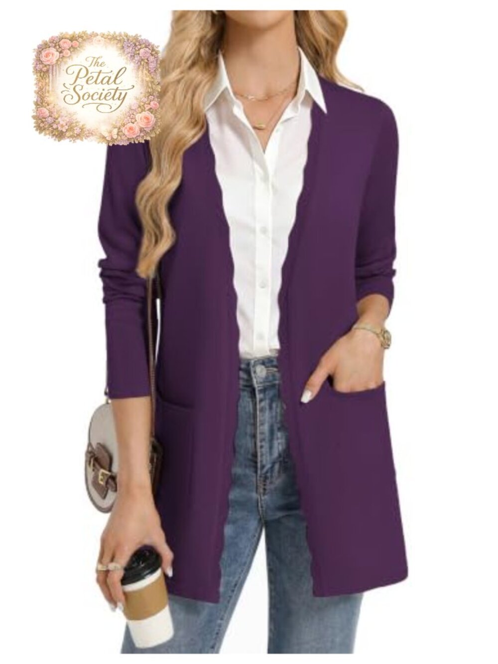 Open Front Long Cardigan Mid Thigh Scalloped Placket Patch Pockets